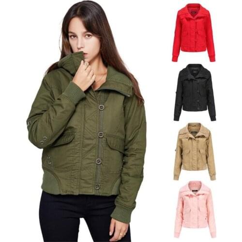 2021 Winter New Style Heat Preservation Clip Cotton Coat Lady Turtleneck Rib Fashion Leisure Short Single-Breasted Outerwear