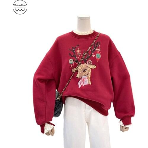 XinHuaEase Womens Sweatshirt Casual No Hood Cartoon Sequin Embroidery Christmas Deer Loose Plush Thick Stitching Lace Red Girls