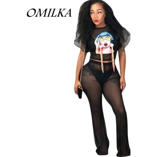 OMILKA 2018 Summer Women Short Sleeve O Neck Cartoon Printed Crop Top and Long Pants Set Sexy Black Mesh Club Party 2 Piece Set