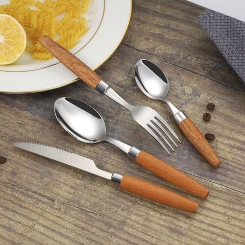 1pcs Tableware Japanese Creative Wooden Handle Stainless Steel Knife Fork Spoon Flatware Safe Household Steak Knife And Fork