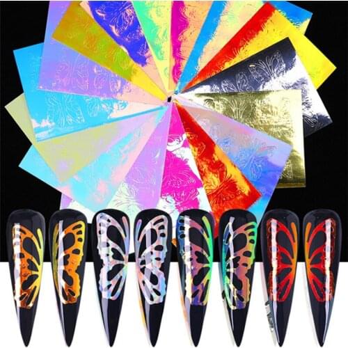 16pcs Laser Colorful Nail Art Sticker 3d Butterfly Fire Flame Leaf Holographic Nail Foil Stickers Decals DIY Glitter Decorations