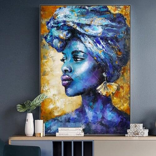 Abstract Blue African Woman Canvas Oil Painting On Wall Art Poster And Prints Portrait Picture For Living Room Decor Cuadros