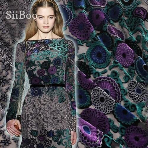 American style green purple flower Flocking fabric silk velvet fabric for dress cheap fabric telas tecidos Free shipping SP1948