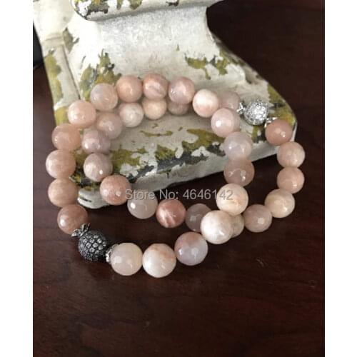 Boho Sunstone Beads Pave CZ Beaded Stretch Bracelets