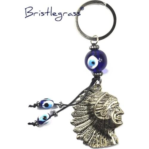 BRISTLEGRASS Turkish Blue Evil Eye Indian Head Car Key Chain Ring Holder Keychain Amulet Lucky Charm Pendant Blessing Protection