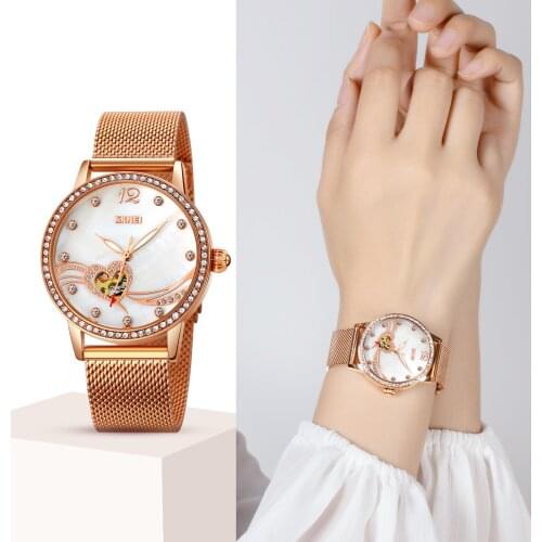 SKMEI Original Brand Women Heart Watch Ladies Romantic Diamond Automatic Mechanical Girls Dress Bracelet Clock Relogio Feminino