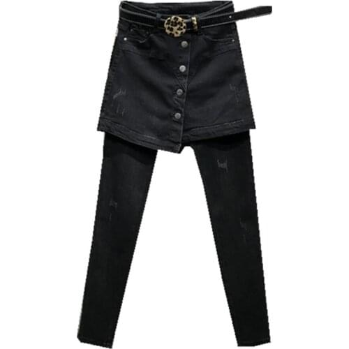 Jeans skirt fake two pieces outside wearing womens elastic feet pants black pencil trousers women