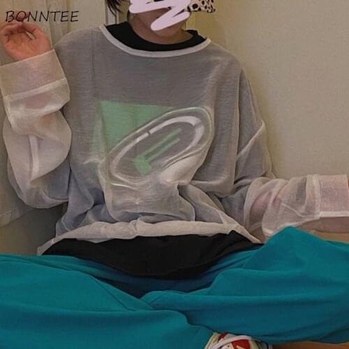 Long Sleeve T-shirts Women Thin Solid Drop-shoulder Sun-protection Students Casual Basic Fashion Ulzzang Loose BF Korean Style