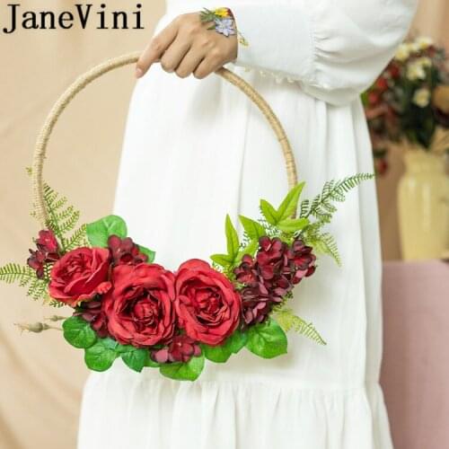 JaneVini 2020 Artificial Bride Flower Wreath Silk Dark Peony Purple Wedding Flowers Bridal Bouquets Flower Basket Bloemboeket