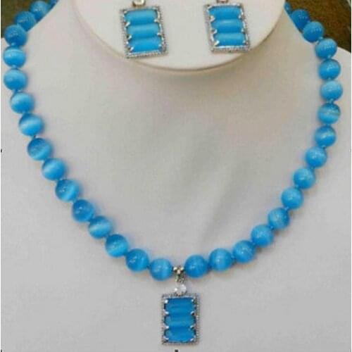 Beautiful Blue Mexican Opal Round Beads Gems Pendant Necklace Earring Set 18"
