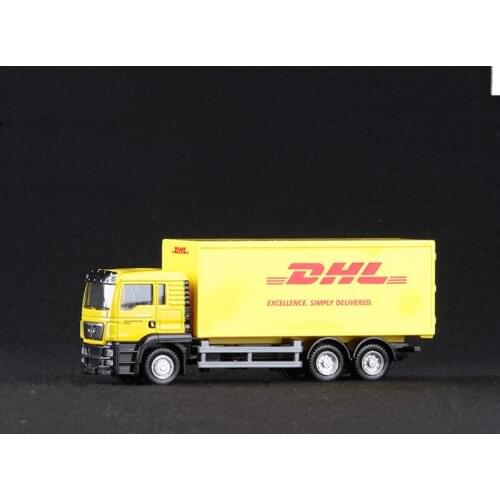 1/64 Scale Alloy Yellow Express DHL Cargo Truck Models Pull Back with Box Toys for Collections Displays Children Gifts