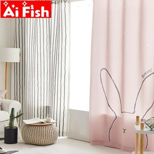 Nordic cute dream pink rabbit minimalist stripe 70% blackout curtain for girls white cartoon childrens bedroom curtains MY479#3