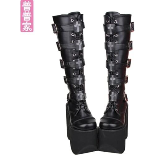Princess sweet lolita shoes Japanese high boots anime COS thick bottom punk lace side zipper high tube muffin women pu7008