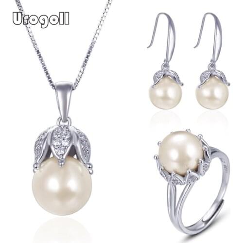 Fashion Woman Jewelry Set Pure 925 Sterling Silver Set Freshwater Pearl Zircon Necklace Earrings Ring For Bride Wedding Party