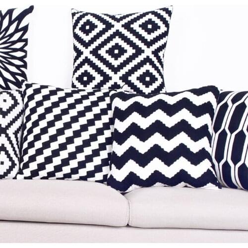 Home Decor Embroidered Cushion Cover Black White Canvas Cotton Pillow Cover 45x45cm for Sofa Bed Chair Home Decorative