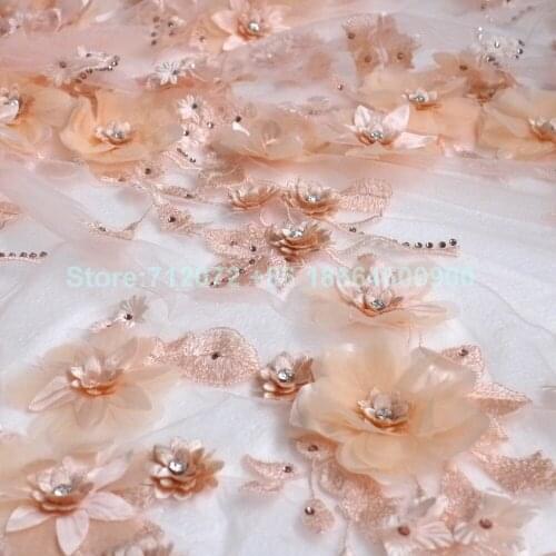 New fashion nude/off white/purple/yellow 3D flowers Rhinestones on netting embroidered wedding/evening dress lace fabric 1 yard