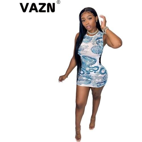 VAZN 2020 New Arrival Parity Sexy Retro Joker Sweet Soft Elastic Dress Round Neck Tank Sleeve Women High Waist Thin Mini Dress