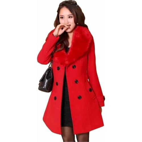 Big Fur Collar Woolen Coat 2020 Autumn Winter Women Double Breasted Windbreaker Slim Belt Plus Size Thicken Casual Outwear KW284