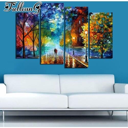 FULLCANG Rainy day landscape abstract 4 piece diy diamond painting full square round drill 5d mosaic embroidery sale FC3281