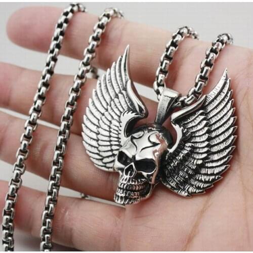 316L Stainless Steel Wing Skull Pendant Mens Biker Rock Punk Style 3V007 Stainless Steel Necklace 24 inches