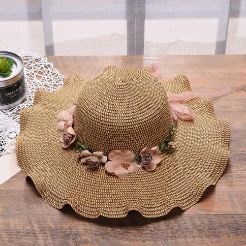 Flower Lace Ribbon Broad Brim Caps Summer Sun Protective Hat Floral Straw Hats For Women Sunshade Hat Sunscreen Dome Sun Cap