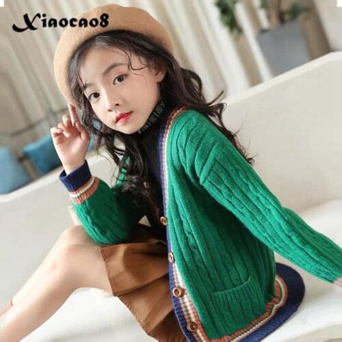 Autumn New Kids Single Breasted Knit Sweater Girls Cute V Neck Sweaters Coat Jacket Toddler Fall Winter Clothes Outfit 6 8 10