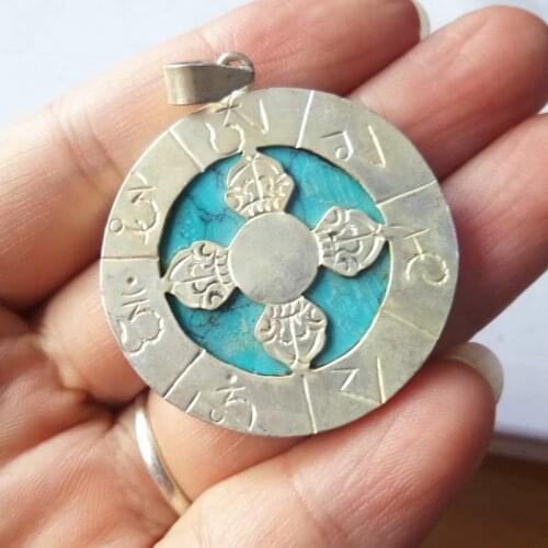 TBP594 Tibetan Mantras Cross Dorje Amulet Pendants White Metal Copper Capped Stone Double Sides