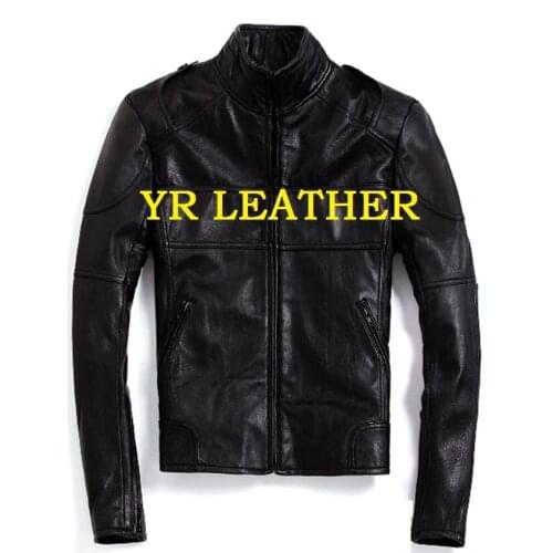 YR!Free shipping.Wholesales.Brand men motor biker style genuine leather jacket.black cow leather coat.slim cowhide jackets