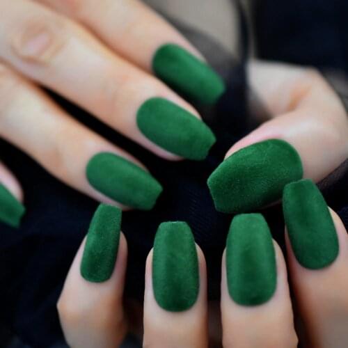 Green Velvet False Nails Medium Size Ballerina Acrylic Artificial Nail Art Tips Designed Press On Manicure with Adhesive