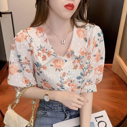 Floral Chiffon Shirts Women Temperament All-Match Lapel Blouses Stylish Hollow Out Puff Sleeve Loose Tops Blusas MM0909