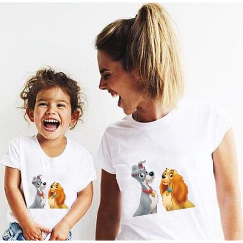 Lady Dog Mother Daughter T-shirts White Summer Family Matching Outfits Mom Baby Mommy and Me Tee-shirt Clothes Woman Girls Tops