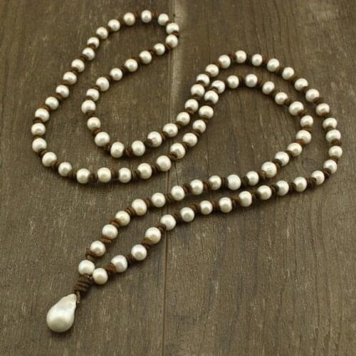 Long Big Pearl Necklace Large Pearl Pendant Necklace for Women Pearl Leather Necklace on Genuine Leather Cord Handmade