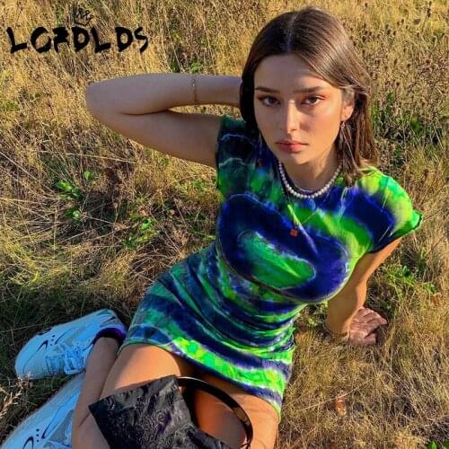 LORDLDS Short sleeve Tie dye dresses Women Green short dress casual mini cute bodycon summer clothes for woman 2020