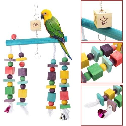 1PC Pet Bird Toy Colorful Chewing Playing Toys Parrot Cockatiel Parakeet Bells Wood Blocks Swing Pet Budgie Bite Toy 40*15*3cm