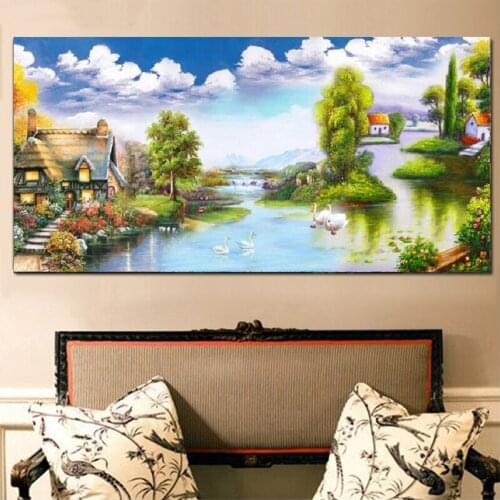 Large size natural landscape 3d Embroidery village lake tree DIY Diamond Painting Cross Stitch full square round Diamond Mosaic