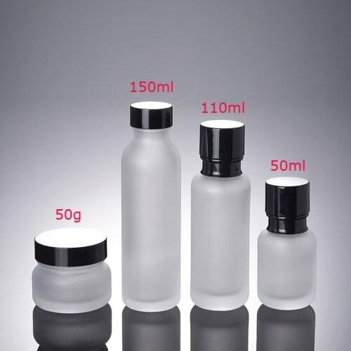 50g cream jar 50ml 110ml 150ml Frosted Glass Lotion Cream Essence Latex Container Bottle with black Lids For Cosmetic Packaging