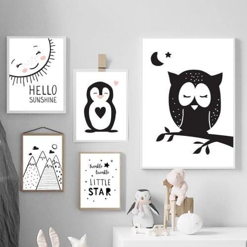 Abstract Bear Rabbit Whale Penguin Owl Poster Sun Moon Star Mountain Prints Quotes Wall Art Canvas Painting Baby Kids Room Decor