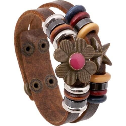 Boho Gypsy Hippie Vintage Young Punk Brown Leather Star Metal Charms Wrap Unisex Adjustable Layered Bracelet for Women
