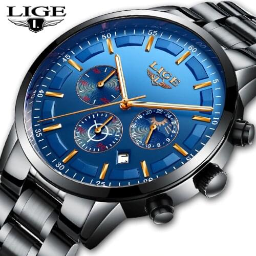 LIGE Fashion Men Watches Top Luxury Brand Chronograph Wristwatch Male Waterproof Sport Quartz Watch Men Clock relogio masculino