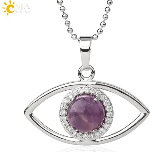 CSJA Round Natural Stone Pendants Devils Eye Amulet Micro Inlaid Zircon Silver Color Pendant Necklace Women Trendy Jewelry G510