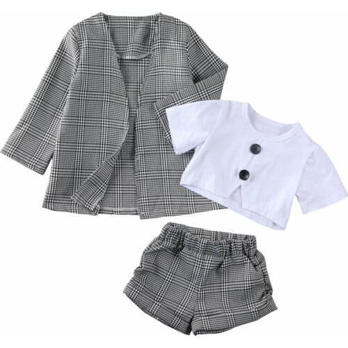 1-6Y Infant Baby Girls Kids Clothes Sets Short Sleeve Tops Pants Plaid Coat Formal Outfit Clothes 3PCS