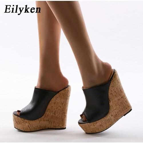 Eilyken High Quality Black Pu Leather Peep Toe Platform Wedge Slippers Summer Shoes Woman Sexy High Heels Sandals Size 35-42
