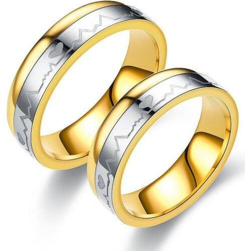 Electrocardiogram Ring Stainless Steel 6mm Gold Silver Color Romantic Couple Heart Engagement Rings for Women Men Wedding Band