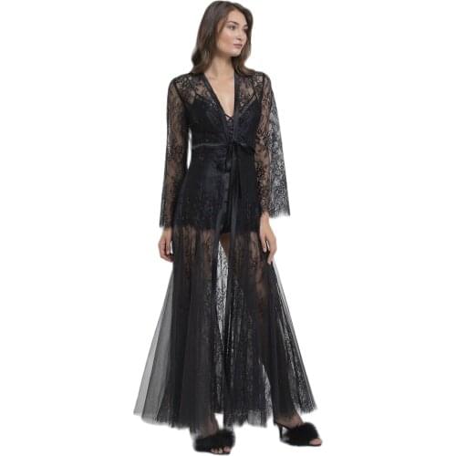 Women Bathrobe Kimono Lace Long Robe Long Sleeve Bikini Beach Robe Dressing Gown Kimono Long Black Lace Dressing Gown Black