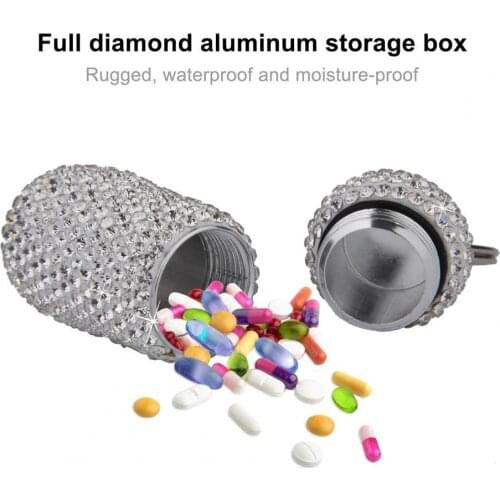 Medicine Storage Box Portable Bottle Full Rhinestone Aluminum Alloy Vial Mini Pill Container Cases for Home Hiking Travel Office