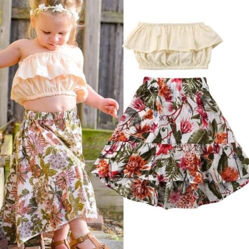 Little Girls Summer 2PCS Off Shoulder Solid Color Crop Top High Waist Flower Pattern Elastic Band Skirts Set