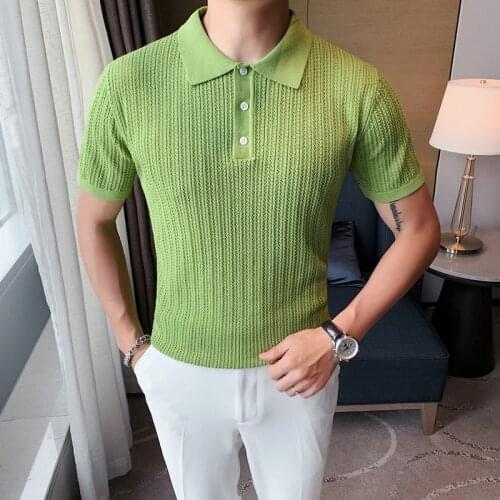 Summer Knitted Polo Shirts Men Solid Color Ice Silk Short Sleeve Polo Hombre Casual Slim Lapel Tee Tops Formal Social Clothes