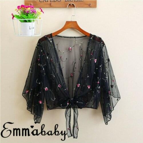 Summer Women Mesh Floral Embroidery Blouse Loose Butterfly Sleeve Lace-up Chiffon Clothes Beach Bikini Cover Up Tops