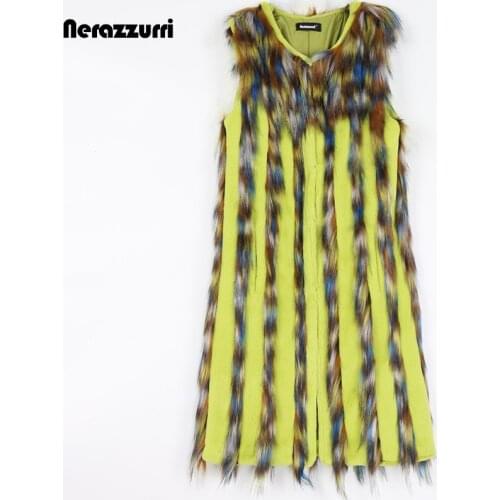 Nerazzurri Winter Striped Patchwork Mid Length Fox Faux Fur Vest Women 2021 Korean Style Sleeveless Jacket Fashion Waistcoat