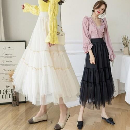 WTIANYUW 2021 New Women Tiered Skirt Spring Fairy Tulle Cake Layered Bottom Elastic Waist Slim Elegant Cute Skirt Black